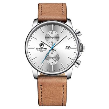 Imagem de Relógio Masculino Analógico Cheetah 1604 Original Pulseira de Couro Minimalista Com Cronógrafo Calendário Data (Prata/Azul/Bege)