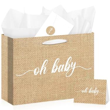 Imagem de Bolsa grande de presente de bebê para meninos e meninas com estampa de serapilheira com adesivo de envelope de cartão de papel de embrulho para casa de fazenda rústica, presentes de chá de bebê