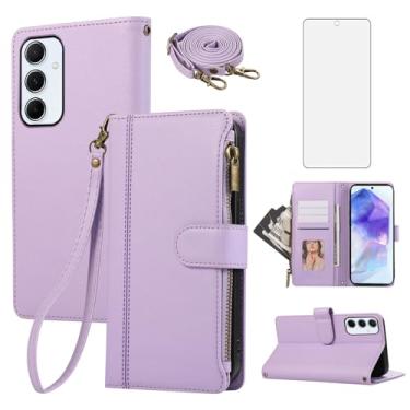 Imagem de Asuwish Capa de celular para Samsung Galaxy A55 5G com zíper carteira celular com protetor de tela de vidro temperado alça transversal cordão flip porta-cartão de crédito couro A 55 55A A555G mulheres