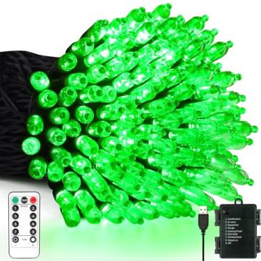 Imagem de Tcamp Luzes de Natal verdes 100 LED de 10 metros operadas por bateria com temporizador de memória remoto, 8 modos de luzes de corda de bateria para decoração interna e externa de árvore de Natal