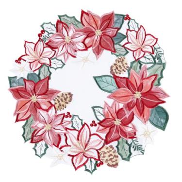 Imagem de Jogo americano de Natal, conjunto de 4 poinsétias redondas aquarela, flores vermelhas e brancas, bordadas, decoração de mesa de centro para decoração de mesa de centro de inverno, férias e Natal