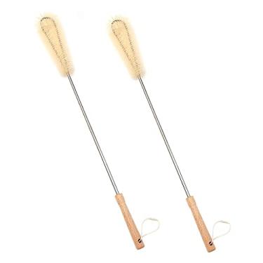 Imagem de UPTALY 2 escovas de garrafa de nylon extra longas de 62 cm, cabo de madeira de faia, com poste de aço inoxidável, cabeça de cotovelo, para garrafa alta, vasos grandes, jarro de água, copo, pote, copo
