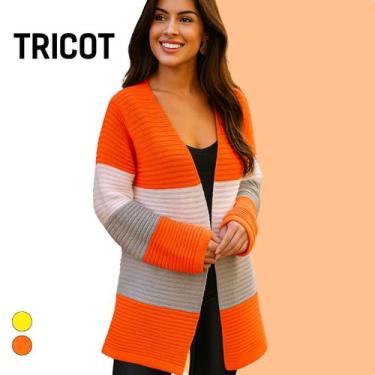 Imagem de Suéter Casaco De Tricot Feminino Listrado Tricolor Moda Estilo Casual 