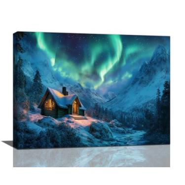 Imagem de Kylora Arte de parede aurora, decoração de parede com luzes polares, pintura de cabine, impressões em tela de inverno, arte emoldurada para banheiro, quarto, sala de estar, escritório, decoração de