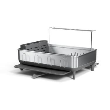 Imagem de simplehuman Escorredor de louça de grande capacidade com moldura de aço inoxidável, bico giratório de drenagem fácil de 360º, suporte para utensílios e taças de vinho, revestimento anti-resíduo