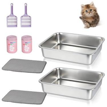 Imagem de Caixa de areia para gatos peneiradora de aço inoxidável pacote com 2 - 44,5 cm x 34,3 cm x 10,2 cm de metal com tampa aberta para gatos peneirando panela antiaderente caixa de areia controle de odor