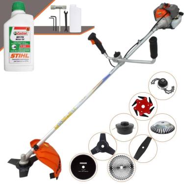 Imagem de Roçadeira  Vulcan VR330P À Gasolina 33cc 1,2HP Alta Rotação C/ Guidão Antivibração Carretel de Nylon + Kit 7 Opções de Cortes + ÓLEO STIHL