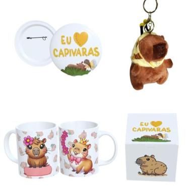 Imagem de Kit Completo Capivara  Caneca Estampada, Botton 4,4cm, Pelúcia de Capi