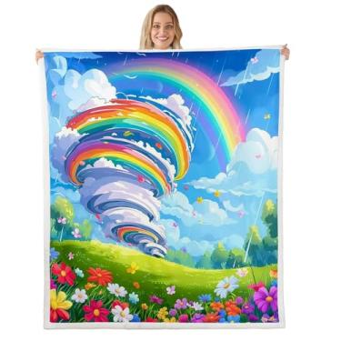 Imagem de jejeloiu Tornado 3D para cama, sofá, cadeira, sala de estar, 127 x 152 cm, cobertor de lã de ovelha para desastres naturais, felpudo, crianças, arco-íris, flor, padrão de tornado, fenômeno natural