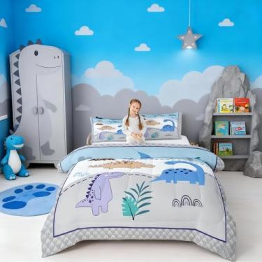 Imagem de Conjunto de edredom infantil com estampa de dinossauro, adorável mundo animal, estampa dupla face, todas as estações, cinza e branco listrado, 2 peças com 1 fronha, tamanho infantil