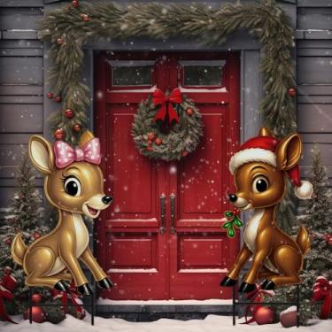 Imagem de Moxweyeni 2 peças de decoração de quintal de rena fofa para uso ao ar livre, placa de quintal de rena de metal alto com estacas para suprimentos de gramado de jardim doméstico