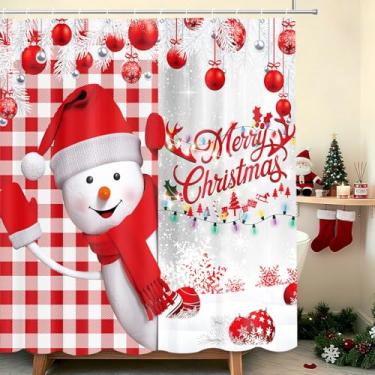 Imagem de MEHOFOND Cortina de chuveiro de boneco de neve de Natal, bola de Natal xadrez vermelha e branca, pinheiros, cena de neve, floco de neve, tema de inverno, decoração de banheiro com 12 ganchos, 182 x