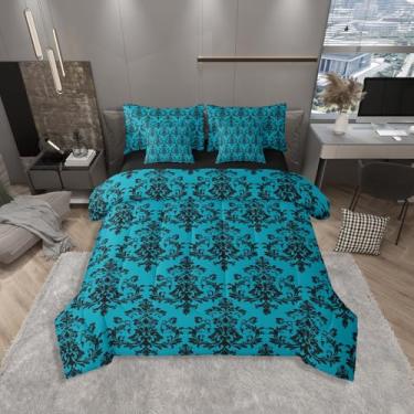 Imagem de Conjunto de edredom infantil damasco preto turquesa, tamanho Queen, vintage, gótico, renda, floral, reversível, barroco vitoriano, boêmio, com edredom, lençol e fronha