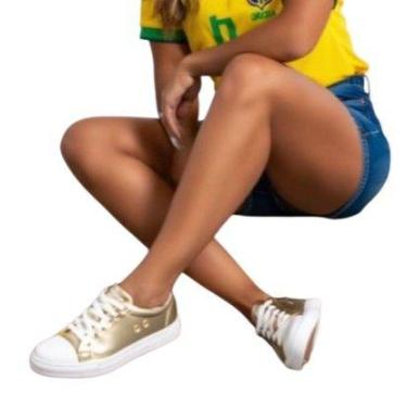 Imagem de Tênis Feminino Dourado Metálico Moderno Casual Chic Confortável Estilo