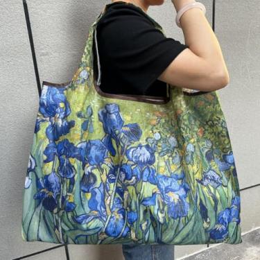 Imagem de Bolsa de compras com pintura a óleo, sacola grande reutilizável com zíper – Bolsa moderna para mulheres, dobrável e lavável