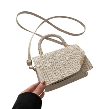 Imagem de Bolsa de palha feita à mão trança transversal grande capacidade sacos de tecido de grama para verão praia (branco), Branco