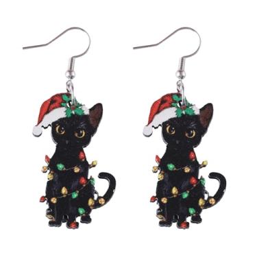 Imagem de Brincos de Natal femininos com pingente de gato preto, roupas de Natal, acessórios de bijuteria, 2inch, Liga de aço, Sem pedra preciosa