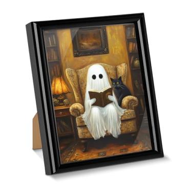 Imagem de Pôster de arte de parede de gato fantasma assustador leitura de fantasma gótico imagem de mesa quadro escuro Academia quadro emoldurado para sala de leitura em casa decoração de mesa de parede 15 x 20