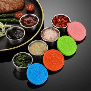 Imagem de 4 recipientes de aço inoxidável para salgadinhos para molho de salada com tampas de silicone, fácil abertura, à prova de vazamento, reutilizável (MIX1)