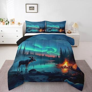 Imagem de Erosebridal Conjunto de cama queen com alce aurora, rústico, campestre rústico, para crianças, adultos, barraca de acampamento, acampamento, floresta e pinheiro, conjunto de edredom com 2 fronhas,