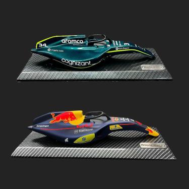 Imagem de Conjunto 2 Miniaturas de Quadro Decorativos 33cm x 12,5cm Carro F1 Aston Mrtn nº34eRB nº4 Gran Belo