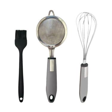 Imagem de Kit Cozinha Pincel Silicone Peneira Em Inox E Batedor Cinza