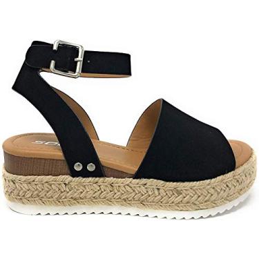 Imagem de Soda Topic Black Casual Espadrilles Trim Rubber Sole Flatform Studded Wedge Buckle Ankle Strap Open Toe Sandals