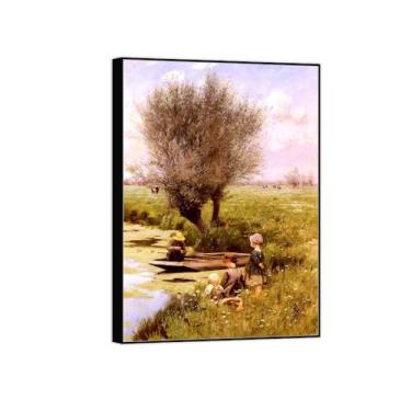 Imagem de BMZFYBS Imagem de arte de parede de paisagem - Impressões em tela vintage - Tarde ao longo do rio - Pintura com moldura preta para sala de estar decoração de casa de fazenda 90 x 125 cm 35 x 49 pol