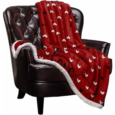 Imagem de Cobertor de lã sherpa, cobertor de cama vermelho com coração de amor preto e branco, cobertor macio e aconchegante de luxo, 127 x 152 cm - Cobertor felpudo de microfibra felpudo espesso e felpudo para