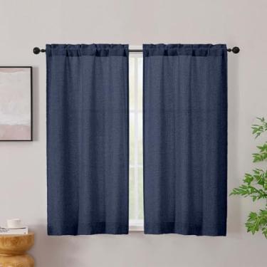 Imagem de Simplebrand Cortinas de linho azul marinho 113 cm de comprimento, 2 painéis, cortinas de privacidade com filtro de luz de linho sintético, cortinas de janela semicurtas com bolso duplo macio para