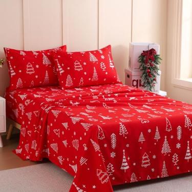 Imagem de JSD Jogo de lençol infantil de árvore de Natal vermelha, tamanho casal, 4 peças de microfibra macia com bolso profundo