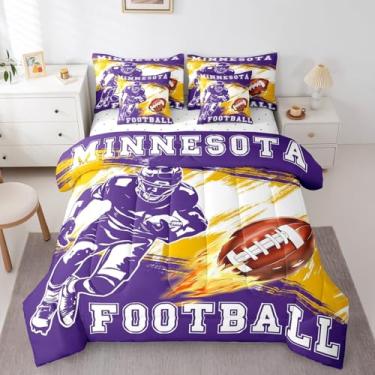 Imagem de Erosebridal Jogo de cama solteiro com edredom American City, futebol americano, 7 peças, para crianças, meninos, homens, rúgbi, grunge, chamas, esportes, amarelo, roxo, branco, leve, em uma bolsa