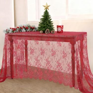 Imagem de LuoluoHouse Toalha de mesa de renda de Natal 6 peças de tecido de mesa floral rosa 152 x 300 cm para decoração de festa temática rústica casamento sobreposição retangular longa bordado decoração de