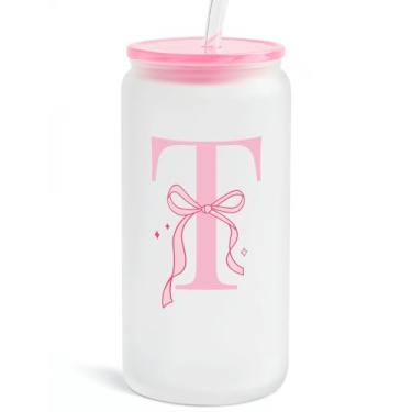 Imagem de SANDJEST Copo de vidro monograma com tampa acrílica e canudo, copo de café gelado fosco personalizado 473 ml, monograma presentes iniciais para mulheres meninas no aniversário (T)