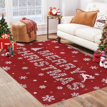Imagem de GarveeHome Tapete de Natal com floco de neve, vermelho, 9,5 x 1,5 m, lavável, antiderrapante, tapete de Natal para sala de estar, tapete de pelo baixo, para berçário, sala de estar, dormitório