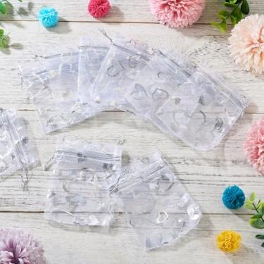 Imagem de 50 unidades de sacos de organza estampados em coração 7 x 9 cm branco transparente com cordão organza sacos de presente para festa de casamento bolsas de embalagem de joias de Natal