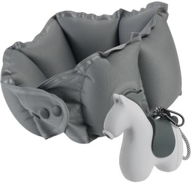 Imagem de Tearom Cavalo de viagem com travesseiro de viagem inflável oculto – Travesseiro inflável portátil para viagem, carro, avião, escritório, casa, trem – leve e lavável na máquina, Cinza, Medium