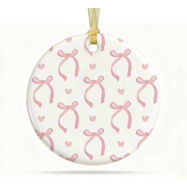 Imagem de QIYUHOY Coquette Ornamento de cerâmica com laço rosa, sinal de lembrança formal para árvore de Natal, laço rosa moderno de cerâmica redonda lembrança de presentes de aniversário de Natal