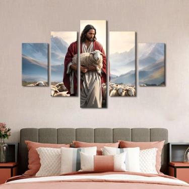 Imagem de TUMOVO Decorações de parede para sala de estar Jesus impressões arte de parede grande decoração de parede 5 peças arte de parede emoldurada arte de parede de cordeiro perdido pintura de parede arte de