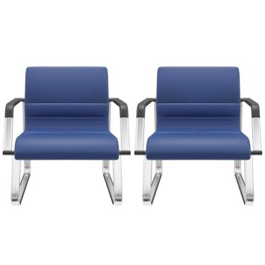 Imagem de Kit 02 Cadeiras De Escritório Recepção Fixa Pés Cromado Lev P03 Vinil Azul - Lyam Decor