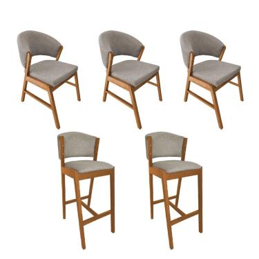 Imagem de Kit 3 Cadeiras De Jantar Debora Madeira Maciça Com 2 Banquetas Ana Cerejeira Premium Linho Bege