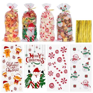 Imagem de Aubeco 120 unidades de sacos de guloseimas de Natal, 27 x 12 cm, sacos de doces de celofane transparente com laços dourados torcidos para festas, lanches, embalagem de biscoitos