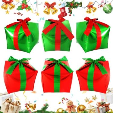 Imagem de 6 balões de caixa de presente de Natal, balões grandes de cubo vermelho e verde, balões de presente de forma quadrada com fitas verdes vermelhas para decorações de Natal, Natal, Ano Novo, festa de