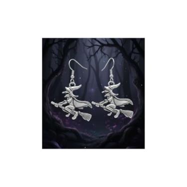 Imagem de Brincos Bruxa na Vassoura Prata 5cm Acessório De Moda Unissex