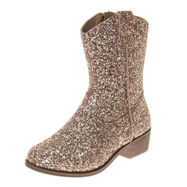 Imagem de KENSIE GIRL Botas de caubói infantil - Sapatos ocidentais de cano médio cowgirl bico quadrado para bebês / crianças pequenas / tamanhos grandes (rosa, branco preto bronzeado), Glitter ouro rosa, 17