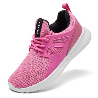 Imagem de nerteo Tênis feminino sem cadarço para meninos e crianças leves tênis corrida caminhada academia sapatos modernos para crianças pequenas/crianças grandes, Rosa choque, 16