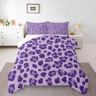 Imagem de Feelyou Conjunto de edredom com estampa de leopardo roxo, tamanho Queen, para crianças, meninos, meninas, safári, edredom de guepardo, decoração de quarto de microfibra, 3 peças com 2 fronhas