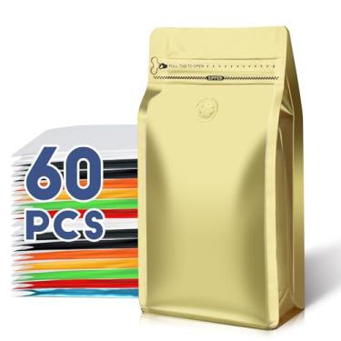 Imagem de Sacos de café com válvula (60 peças, 113 g, 0,1 kg) Sacos de embalagem de grãos de café ventilados de alta barreira, folha de alumínio, fundo plano, selado a calor, zíper lateral, saco de