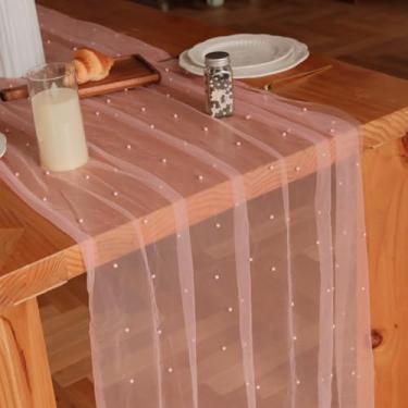 Imagem de Psasrm Conjunto de 1 corredor de mesa pérola 3 m, 73 x 300 cm, toalha de mesa rosa empoeirada de tule transparente, caminho de mesa de pérola para festa de casamento, chá de bebê, aniversário