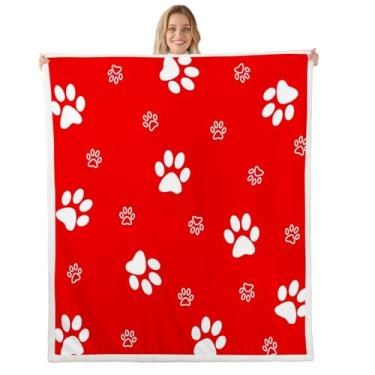 Imagem de jejeloiu Cobertor de lã de ovelha com pata vermelha de pelúcia felpudo, 152 x 203 cm, cachorro fofo para cama, sofá, cadeira, sala de estar, para meninos, meninas, adolescentes, adorável papoula